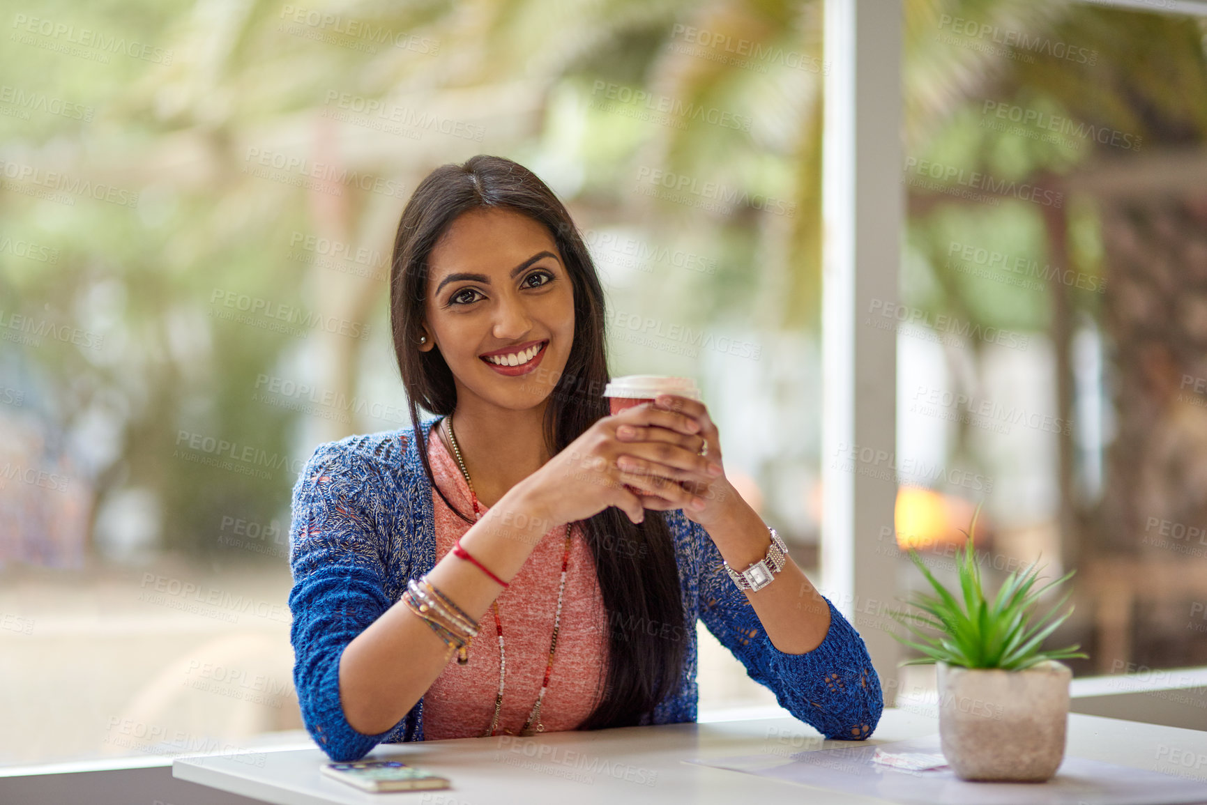 Buy stock photo Indian woman, cafe and happy on portrait with tea on break, relax and chill as university student. Female person, coffee shop and smile to rest with fun, enjoy and restaurant with confidence