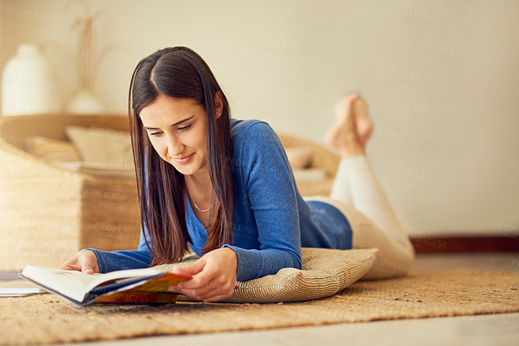 Buy stock photo Woman, learning and relax for reading, book and house or living room with notebook for education or story. Gen z student, information or girl on floor with a novel, focus or literature for knowledge 