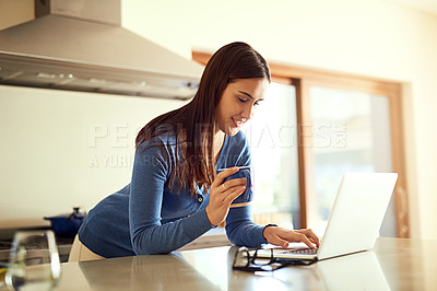 Buy stock photo Woman, communication and laptop for search, kitchen and remote work with internet, contact or review. Email, technology and research for girl typing at home for online, writing and report with coffee