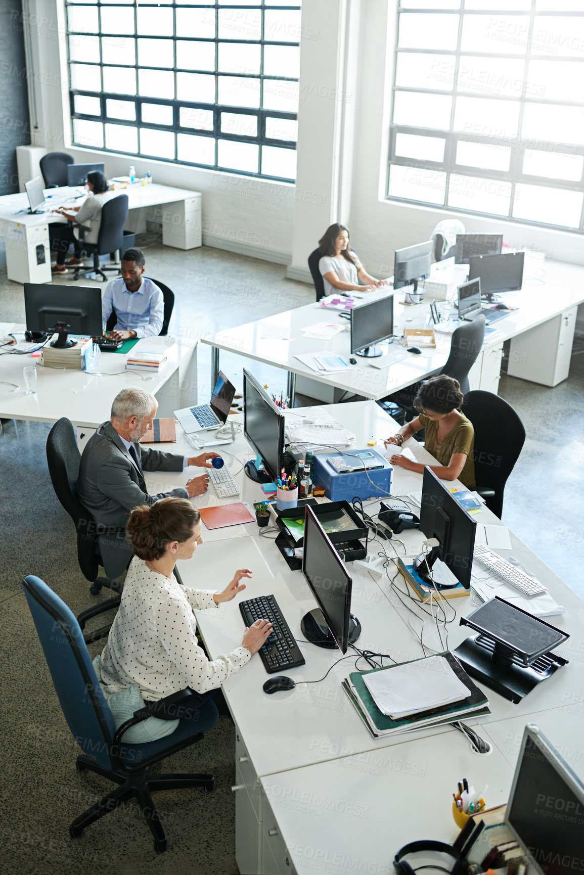 Buy stock photo Above, computer and team with business people in office for research, company revenue and auditor. Planning, online and collaboration with group of employees in digital agency for finance report