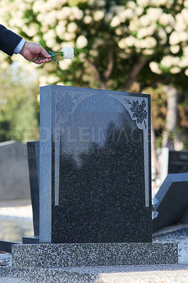 Buy stock photo Cropped shot of a man placing a white rose on a grave