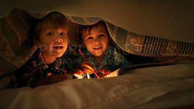 Buy stock photo Blanket, flashlight and children at night with happiness in portrait with drawing in a book. Friends, relax and sketch on notebook in dark with light or torch under duvet at sleepover in pillow tent