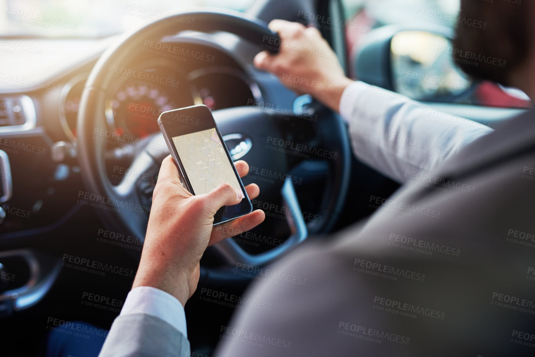 Buy stock photo Car, driving and businessman with map on smartphone for travel, help and direction to destination. Person, transport and digital technology with gps for location, information and support on journey