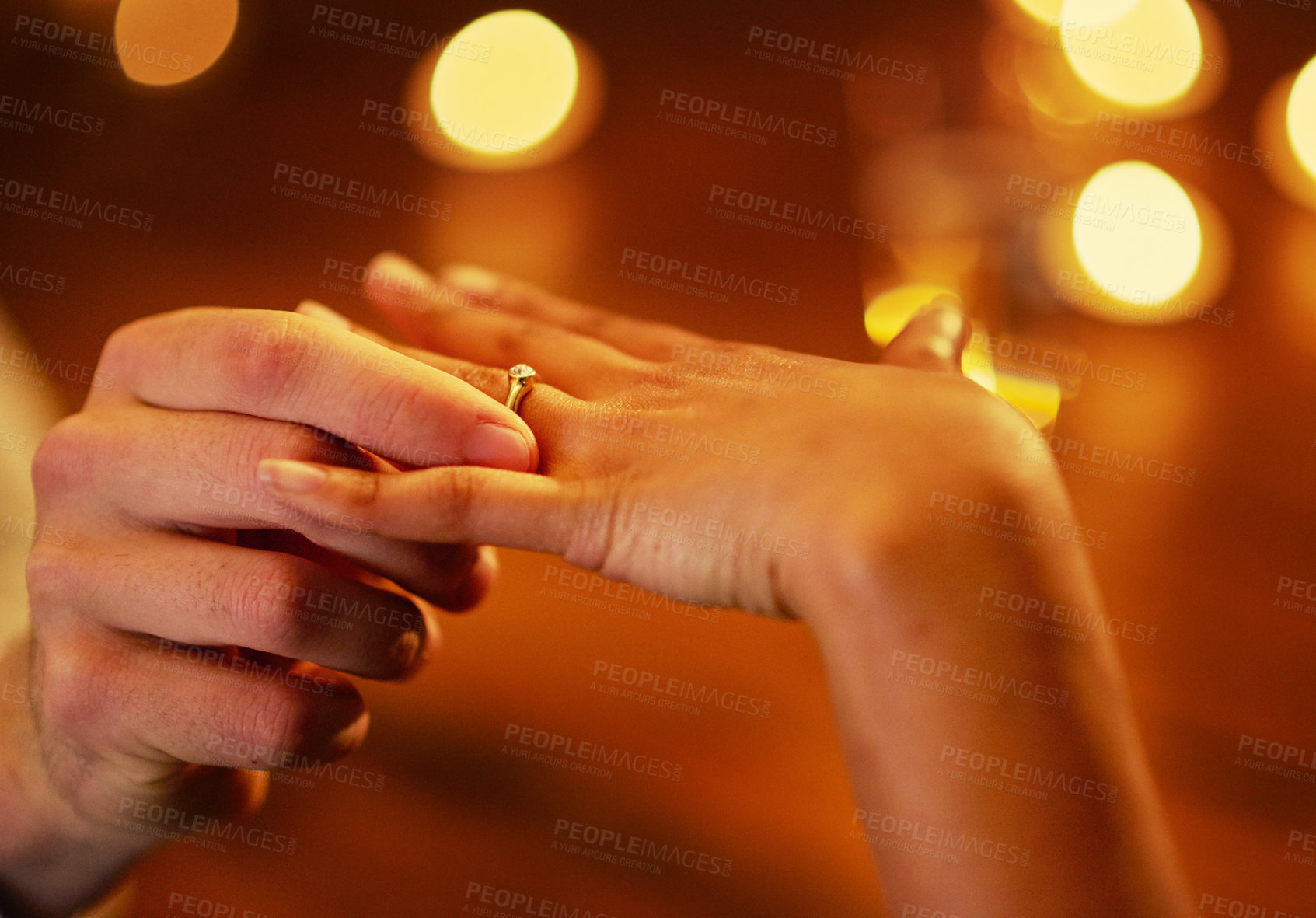 Buy stock photo Hands, couple and engagement ring for proposal with fiance for love with commitment, people and unity. Romantic, surprise and special moment with save the date or flare, relationship and together.