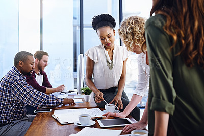 Buy stock photo Diversity, coworkers and conversation in office with tablet, research or browse for business strategy in collaboration. Teamwork, online or web design and technology, project planning and partnership