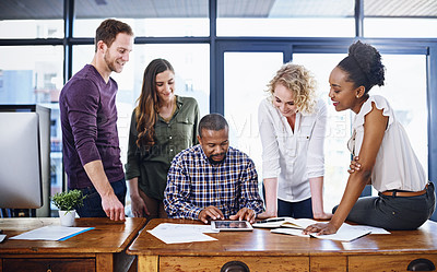 Buy stock photo Teamwork, meeting and business people on tablet in office for planning, digital marketing and feedback. Diversity, creative startup and men and women on technology for research, website and project