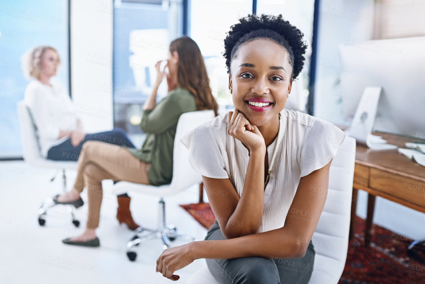 Buy stock photo Happy, portrait and black woman with team in creative business, agency or startup at office. Friendly African, employee or female person with smile in confidence for career in diversity at workplace