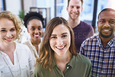 Buy stock photo Happy woman, portrait and office with creative team in business startup, growth or diversity. Female person, employee or positivity with smile in multicultural group, unity or about us at workplace