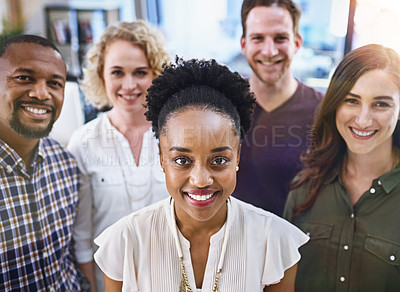 Buy stock photo Happy woman, portrait and office with creative team in business startup, growth or diversity. Face of female person, employee or leader in multicultural group, unity or pride in about us at workplace