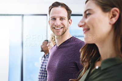 Buy stock photo Business people, workshop and happy man portrait with team for training, presentation and coaching meeting. Conference, audience and employee in crowd for speech, speaker or seminar for goal mission