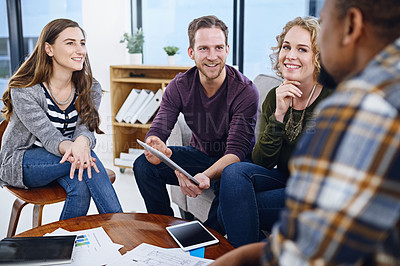 Buy stock photo Happy people, business and meeting with tablet in planning, strategy or discussion at office. Group of creative employees with documents, technology or team in collaboration for startup at workplace