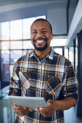 Buy stock photo Tablet, office and portrait of happy business black man for research project, website and internet. Company startup, worker and person on digital technology for networking, planning and career