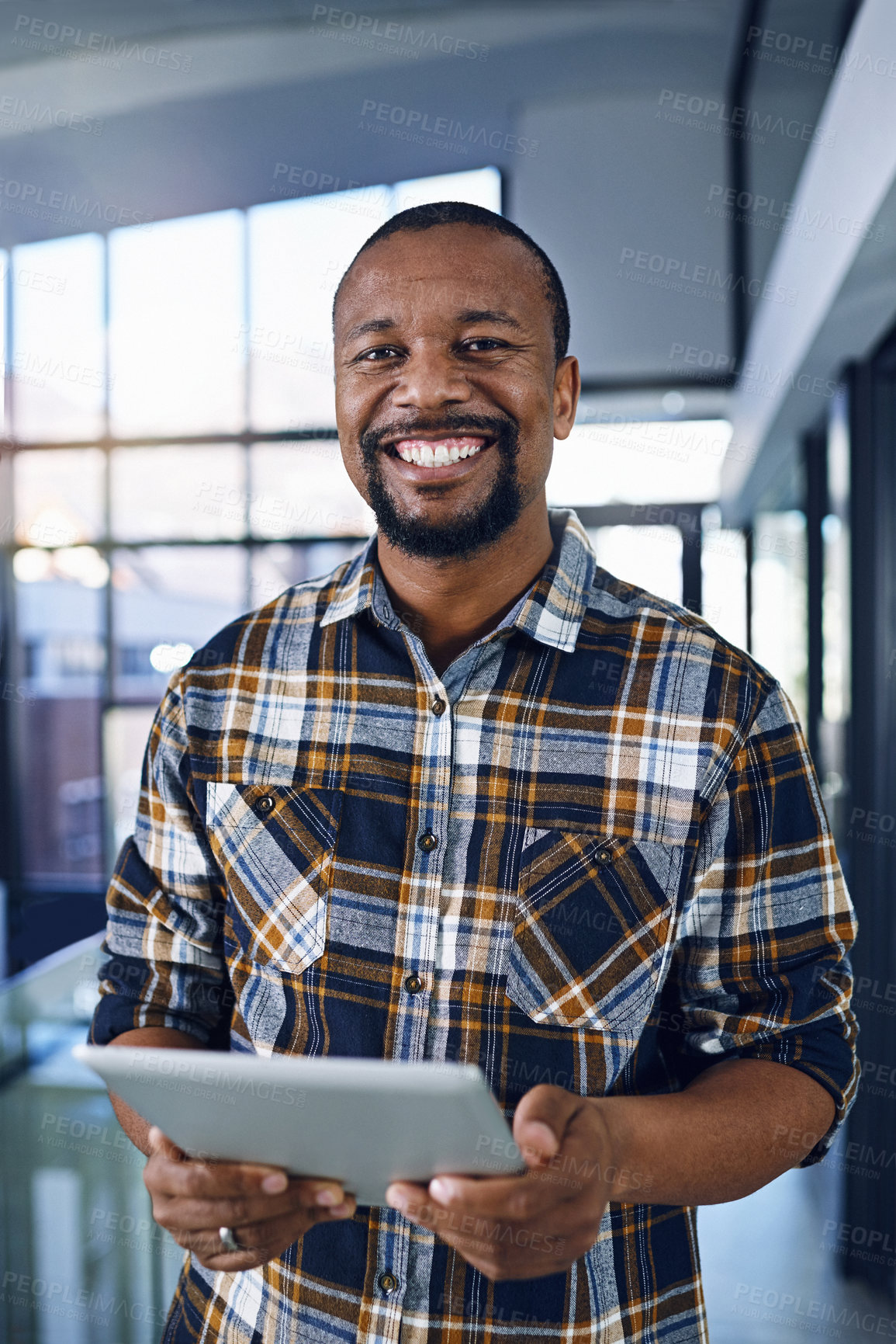 Buy stock photo Tablet, office and portrait of happy business black man for research project, website and internet. Company startup, worker and person on digital technology for networking, planning and career