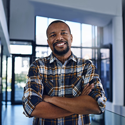 Buy stock photo Happy, crossed arms and portrait of business black man with company pride, confidence and smile. Creative startup, professional office and person for career, work opportunity and job in workplace