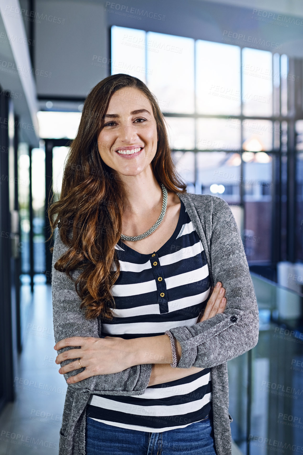 Buy stock photo Crossed arms, happy and portrait of business woman for confidence at work, career and job in office. Professional, creative agency and person excited for startup ideas, company growth and success