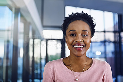 Buy stock photo Happy, portrait and African business woman in lobby with confidence, smile and positive attitude. Pride, face or excited intern at consulting agency for learning, opportunity or future career growth