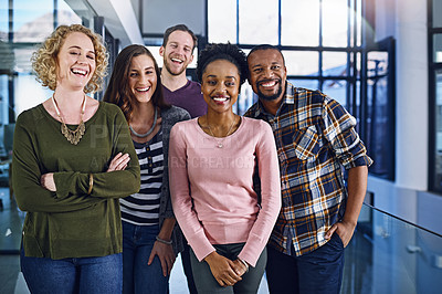 Buy stock photo Smile portrait and business people in office building with support, teamwork and partnership. About us, recruitment and employees with diversity, solidarity and collaboration for hiring promotion