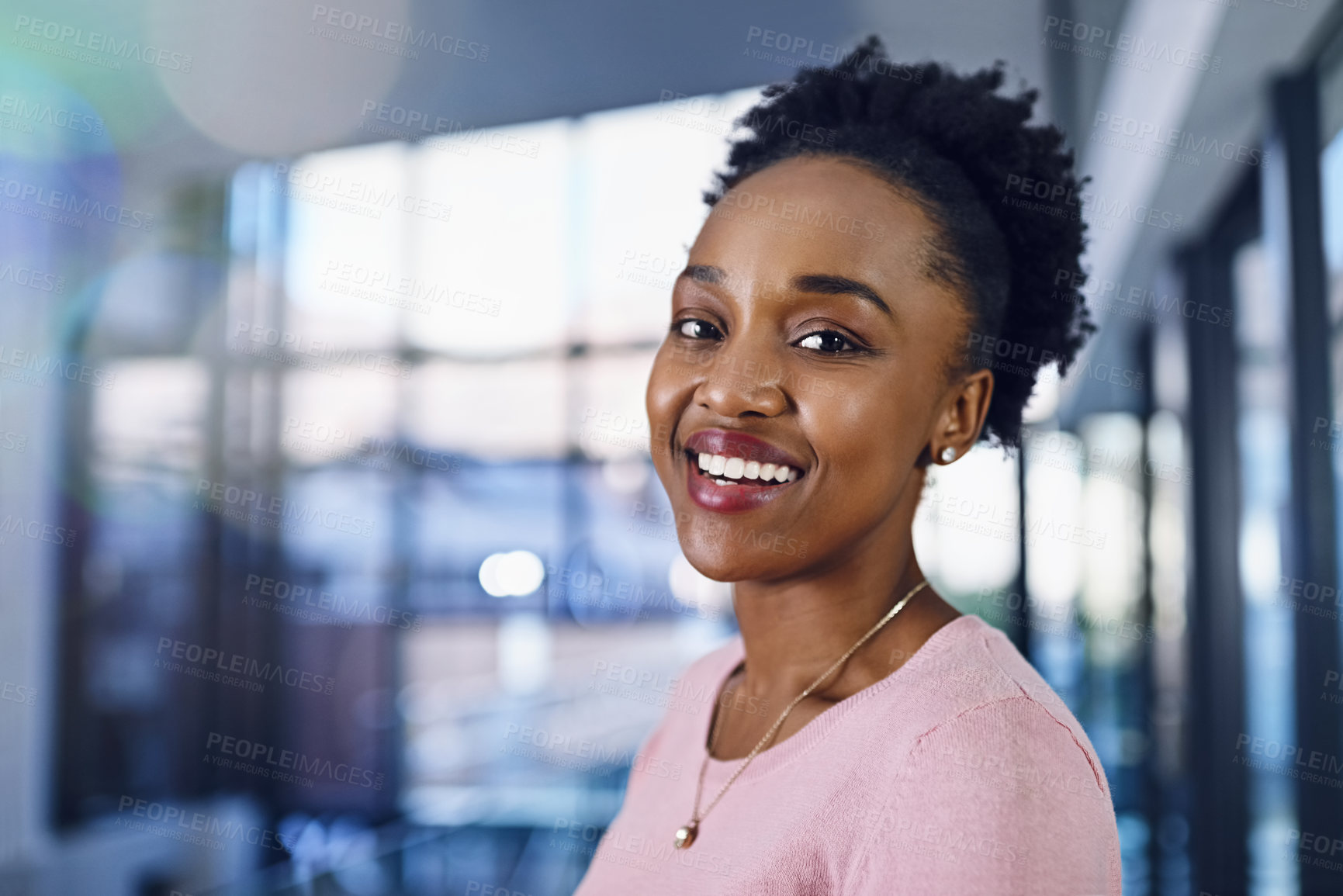 Buy stock photo Business, portrait and happy black woman in lobby with confidence, smile and positive attitude. Pride, face or African intern at consulting agency for learning, opportunity or future career growth