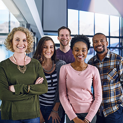 Buy stock photo Happy, portrait and business people in office building with support, teamwork and partnership. About us, recruitment and employees with diversity, solidarity and collaboration for hiring promotion