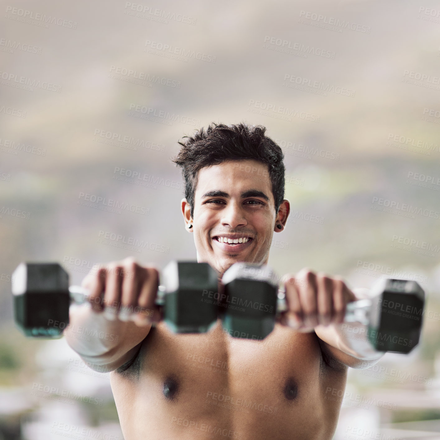 Buy stock photo Dumbbells, outdoor portrait or happy man in fitness training, exercise or workout for wellness, lifting or balance. Development, challenge or topless athlete with weights for muscle, power or growth