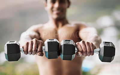 Buy stock photo Dumbbells, outdoor blur or hands of man in fitness training, exercise or workout for wellness, lifting or balance. Development, challenge or topless athlete with weights for muscle, power or growth