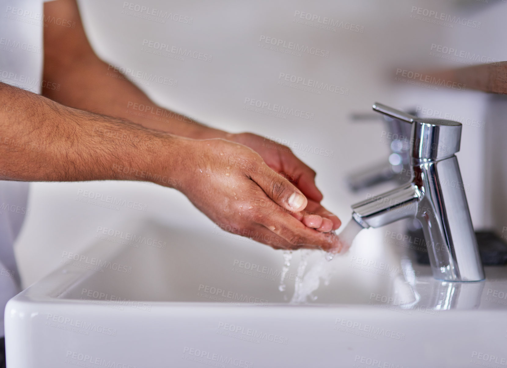 Buy stock photo Closeup, water and washing hands in bathroom in home for hygiene, wellness or virus safety in morning routine. Cleaning, liquid and handwashing for skincare, health protection and bacteria prevention