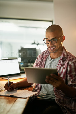 Buy stock photo Man, smile and office with tablet for designer work or research for industrial design, innovation and software. Male person, digital technology and cad for systems or creative company and overtime.