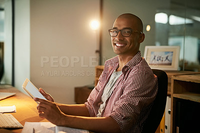 Buy stock photo Man, portrait and office with tablet for designer agency or research for industrial design, innovation and software. Male person, digital tech and cad for systems or creative company and overtime.