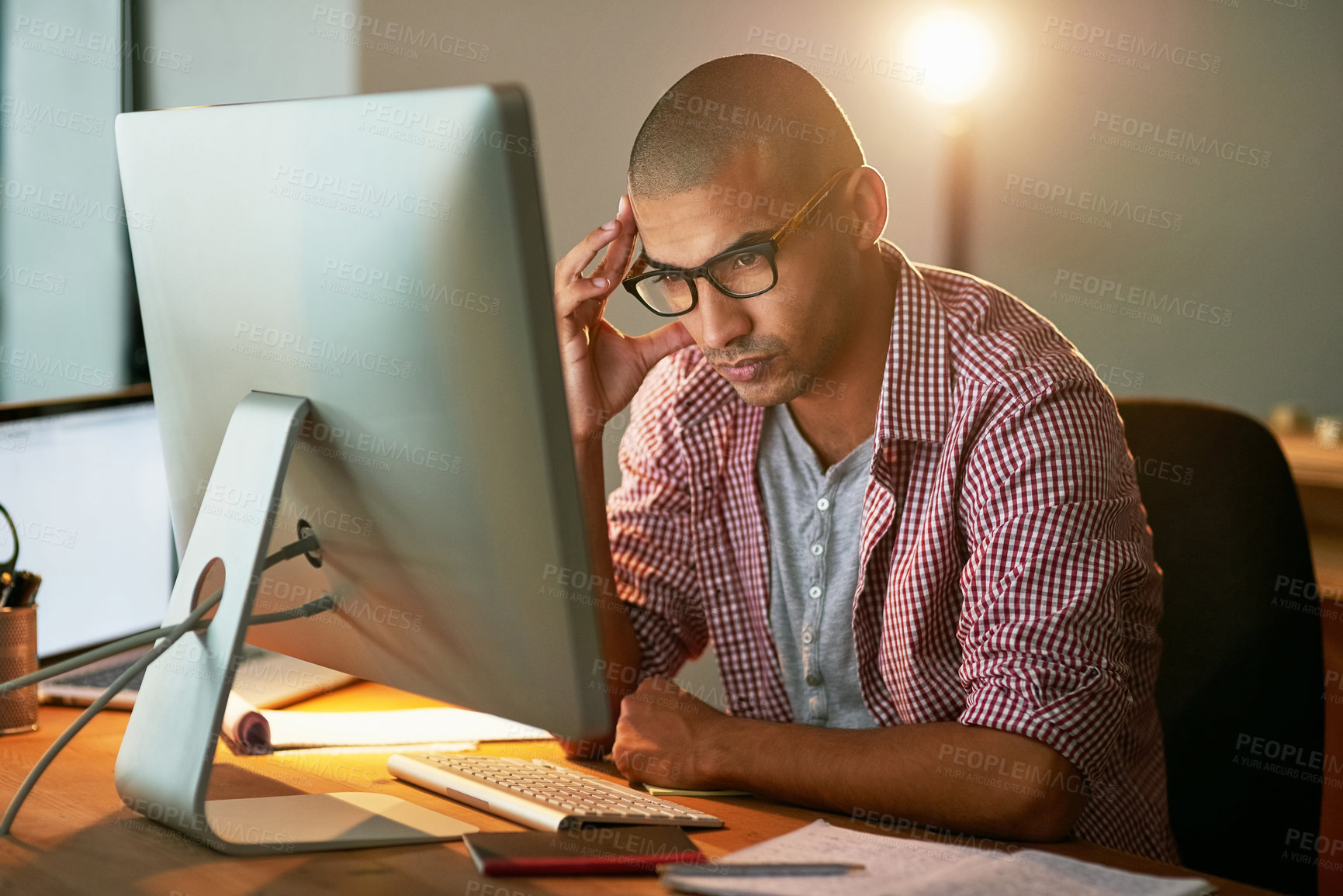 Buy stock photo Computer, stress and man with anxiety in office for deadline, fatigue or pressure of online article. Editor, journalist and person and pain at creative agency for report, burnout or glitch on desktop