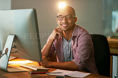 Buy stock photo Man, portrait and office with computer for designer work or research for industrial design, innovation and prototypes. Male person, digital tech and cad for systems or creative company and overtime.