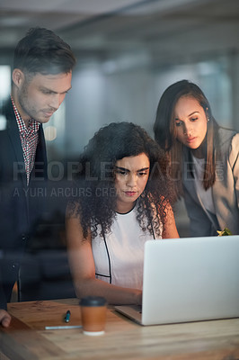 Buy stock photo Business people, planning and teamwork on laptop of report, brainstorming or problem solving in office glass window. Group of women, man or accountant reading project information or news on computer