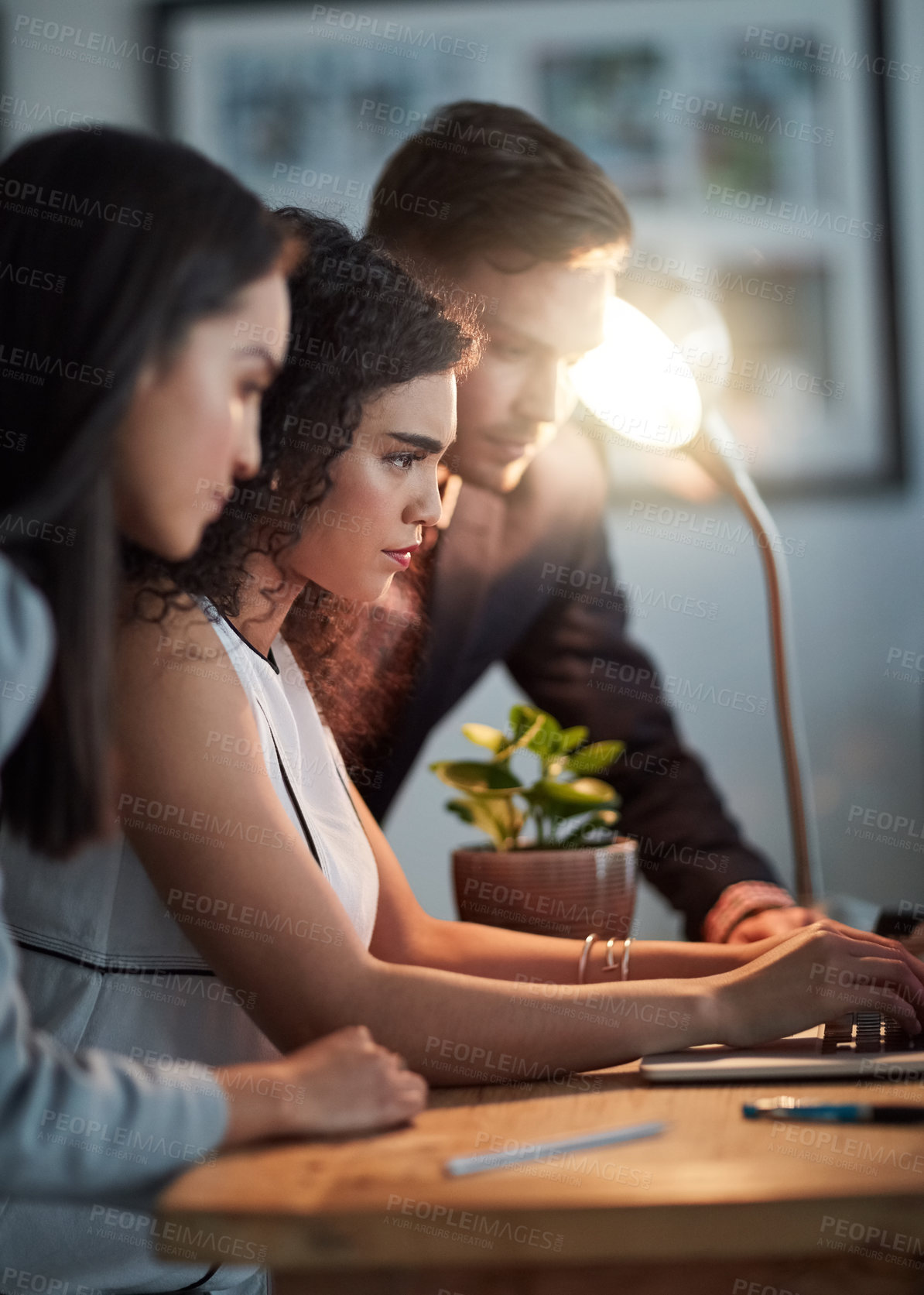 Buy stock photo Creative people, planning and collaboration on laptop for brainstorming, copywriting and editing online at night. Group of employees, women or writer and editor with teamwork and reading on computer