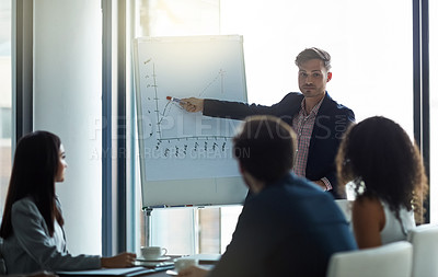 Buy stock photo Professional people, man and presentation on whiteboard for data analytics, statistics and financial growth. Business leader, accountant or analyst with numbers graph for revenue, proposal or report