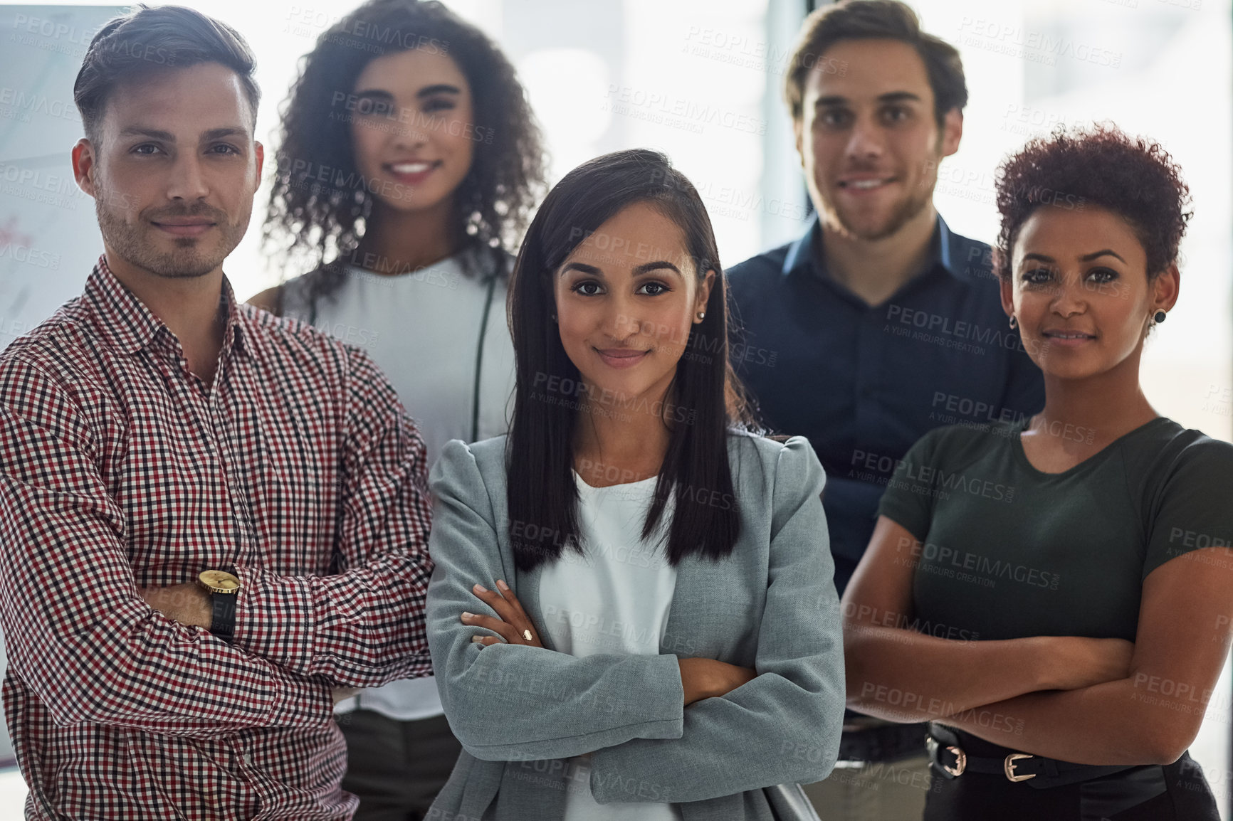 Buy stock photo Arms crossed, portrait and business people as together with pride, community or collaboration in office. Group, diversity and career in real estate for company as professional in corporate at work