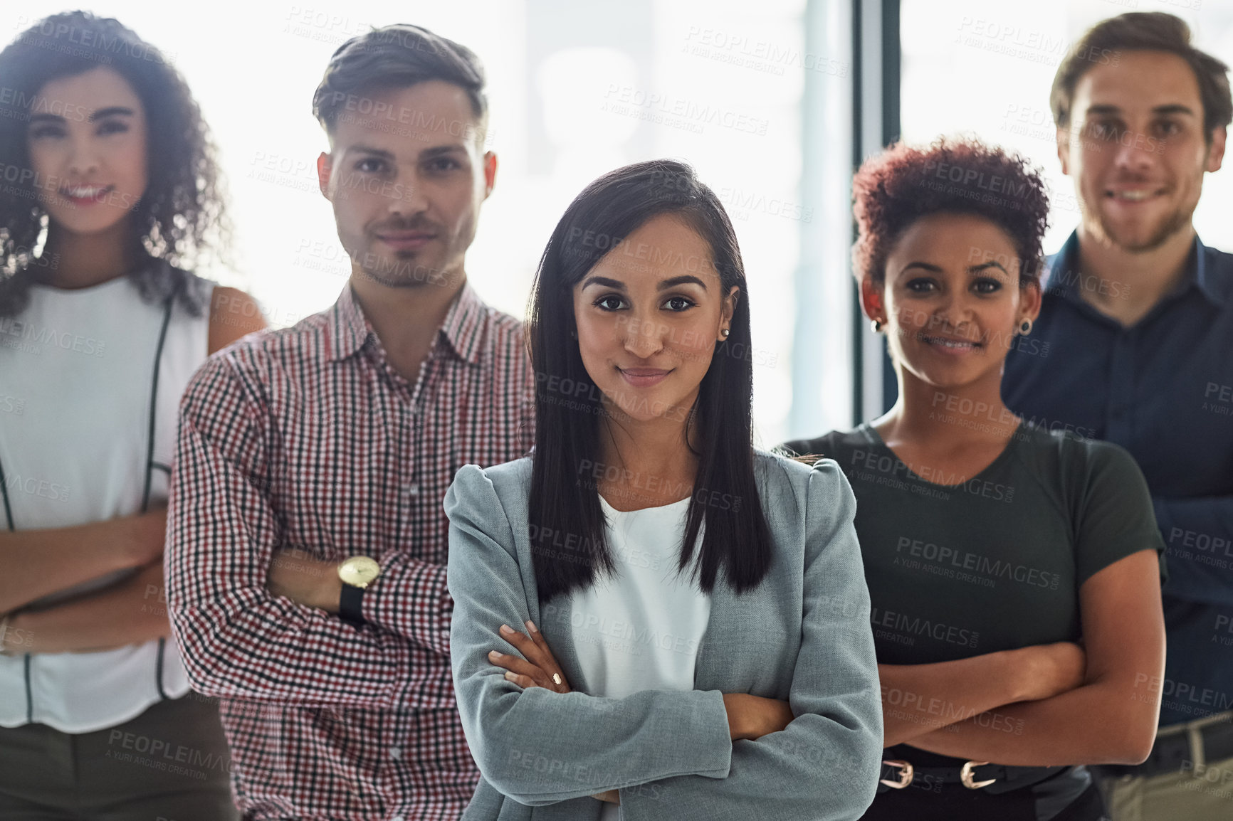 Buy stock photo Woman, portrait and business people as leadership with pride, together or collaboration in office. Group, diversity and legal career in arm crossed as team for cooperation in corporate at workplace