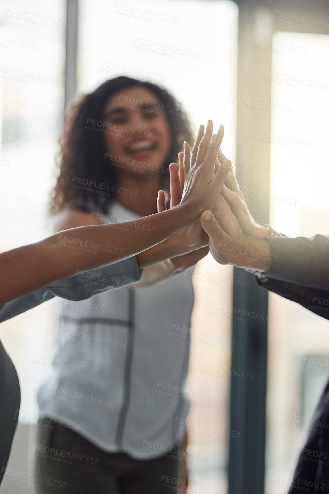 Buy stock photo Business people, high five and teamwork for project success, achievement and solution or goals. Professional woman and group in circle for team building, support and hands together for celebration