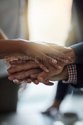 Buy stock photo ​​Business, people and hands together for teamwork, support or collaboration with company goals, success and mission. Employees or professional group in circle with stack for target and staff power