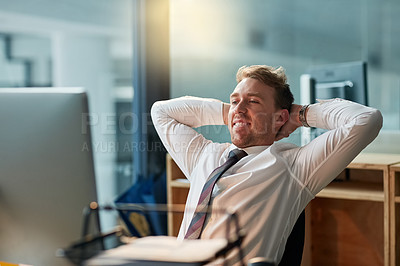 Buy stock photo Business man, relax and stretching at office desk for career confidence, break and happy with online project. Professional person, accountant or worker on computer and satisfied, done or stress free