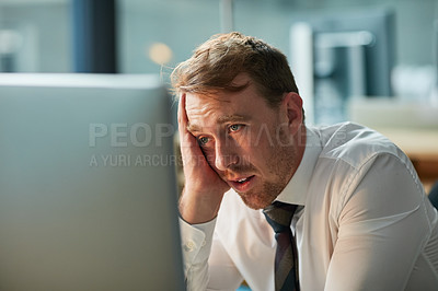 Buy stock photo Business man, stress and confused on computer for mistake, error or overwhelmed in his office at night. Tired worker or accountant with anxiety, doubt or worried for his report, deadline or job email