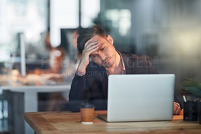 Buy stock photo Business man, headache and stress on laptop for mistake, tired or fatigue of project deadline in office. Startup writer or editor with depression, doubt or thinking of copywriting ideas or overworked