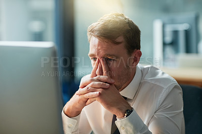 Buy stock photo Business man, headache and stress on computer for mistake, overwhelmed or online error in an office. Worker or accountant with anxiety, doubt or thinking of bankruptcy news, report or job deadline