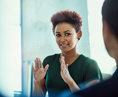Buy stock photo Office, meeting and woman with smile for communication, corporate planning and business discussion. Happy, female person and employee with conversation for teamwork, partnership and collaboration
