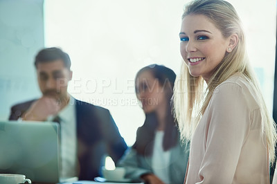 Buy stock photo Portrait, smile and business woman in office meeting, coworking and female person in workplace for career. Face, happy professional and entrepreneur, consultant and worker with colleagues at company