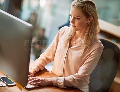 Buy stock photo Office, typing and woman at computer for development, ideas and writing article for online report. Research, thinking and businesswoman at desk with networking, email and review for business growth