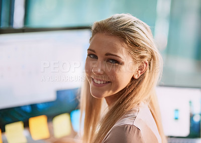 Buy stock photo Office, portrait and woman at computer with smile, confidence and research article for online report. Happy, face and businesswoman at desk with technology, website and database for growth analytics
