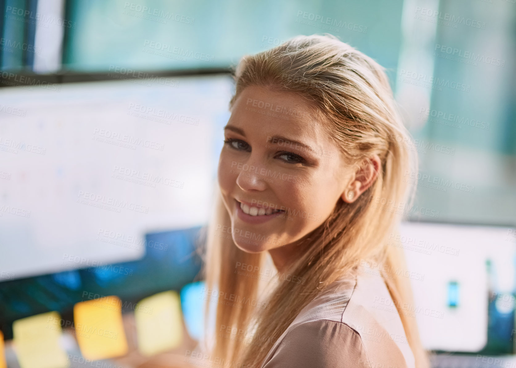 Buy stock photo Office, portrait and woman at computer with smile, confidence and research article for online report. Happy, face and businesswoman at desk with technology, website and database for growth analytics