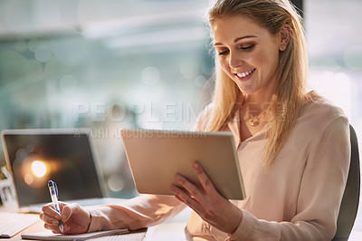 Buy stock photo Office, writing and woman with notes, tablet and ideas for online report, small business plan and market research. Reading, thinking and businesswoman at desk with digital app, growth and development