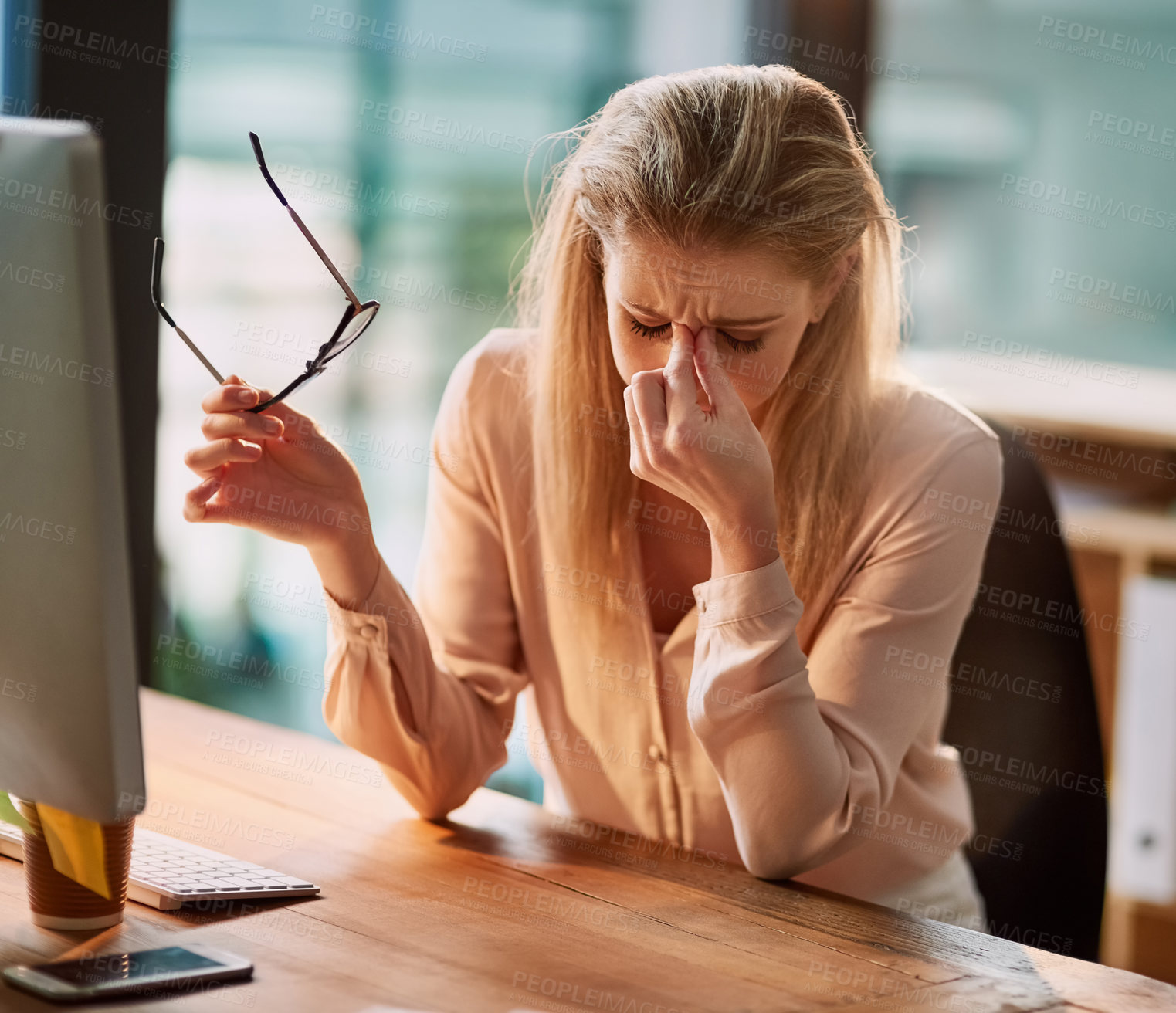 Buy stock photo Woman, employee and eye strain on computer in office for internet, online error and research for ideas. Female person, tired and burnout or headache from deadline, project and glasses as copy writer
