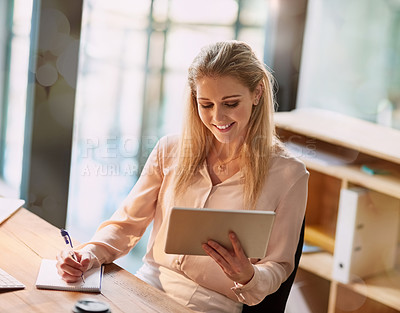 Buy stock photo Office, thinking and woman with notebook, tablet and ideas for online report, small business plan and research. Reading, writing and businesswoman at desk with digital app, growth and development