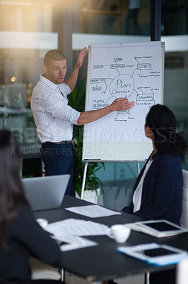 Buy stock photo Shot of a man leading his team through whiteboard presentation in an office